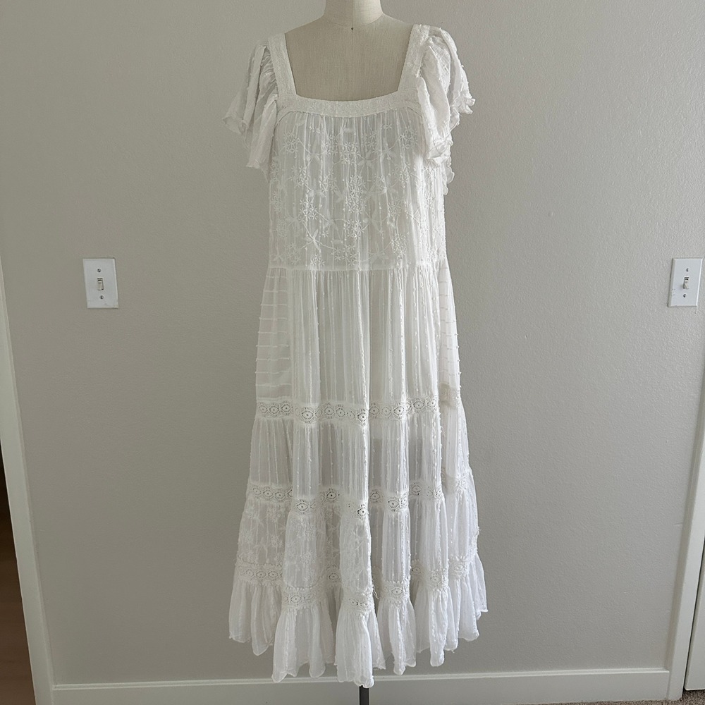 Sundance Tiered Maxi Dress PXXS White Floral Embroidered Lace Boho Cottagecore